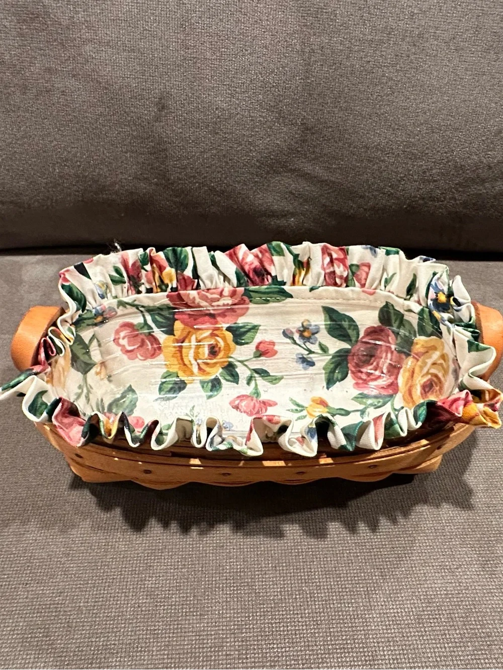 Longaberger Honey Brown Woven Basket with Floral Ruffled Liner & Protector